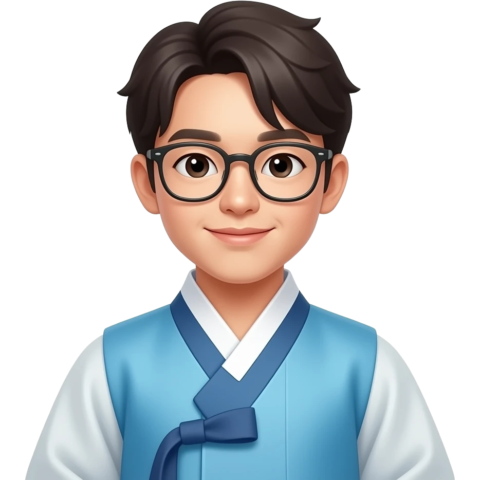 한국의 안경쓴 젊은 한국갓을 쓰고 하늘색 한복을 입은 선비 emoji