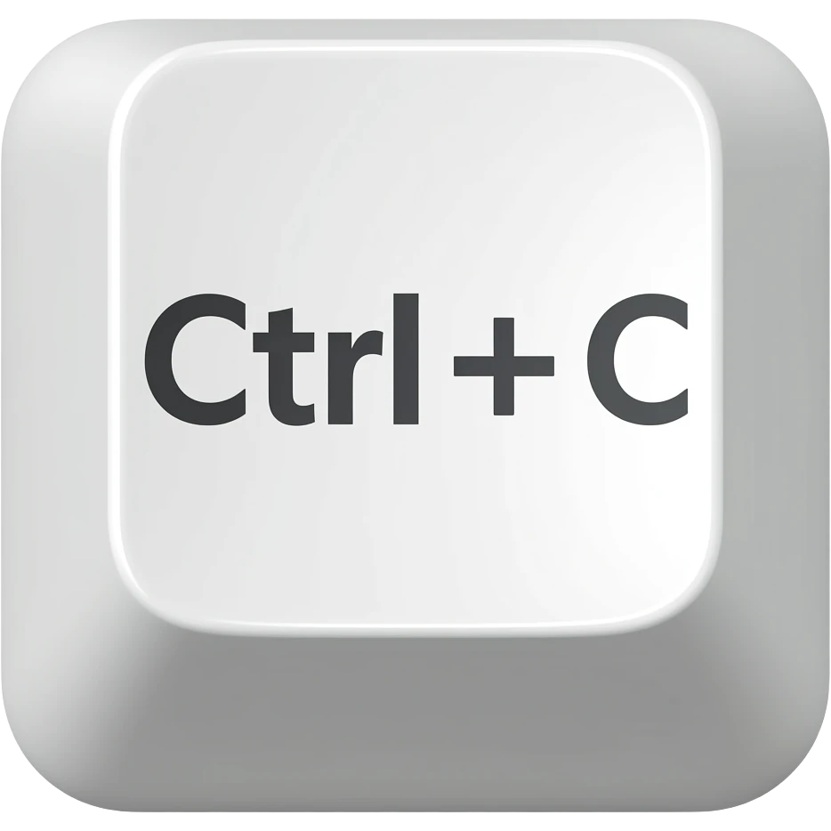 Minimal 3D emoji of a keyboard key with the text “Ctrl + C” clearly visible on the button, clean white keycap, modern tech aesthetic, soft shadows, centered composition, glossy emoji style, transparent background emoji