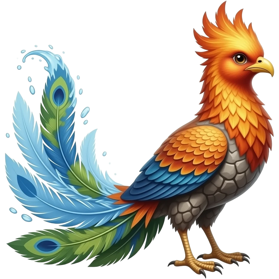A realistic phoenix with long tail feathers made of water on one side and Earth and Stone on the other side facing the camera. emoji