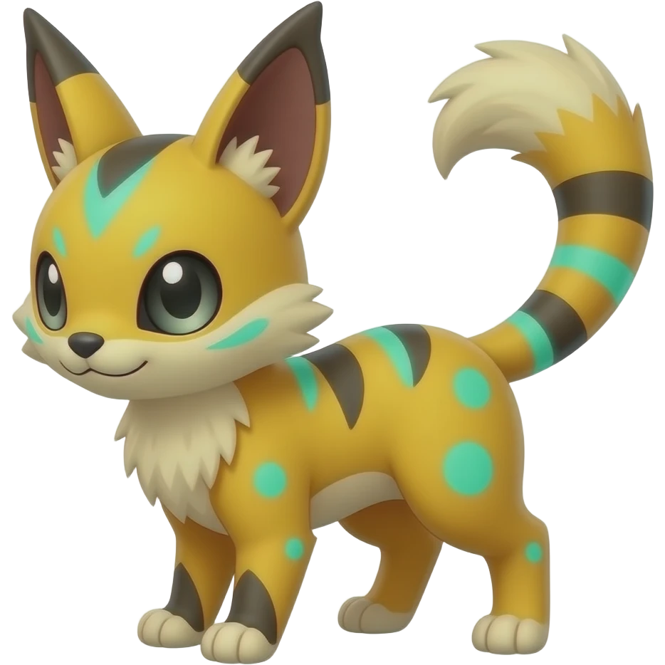 Yellow Renamon-Zeraora-Genet-Civet-caracal-Fennekin-Manectric-Vaporeon-Fakémon-hybrid with glowing neon cyan markings emoji