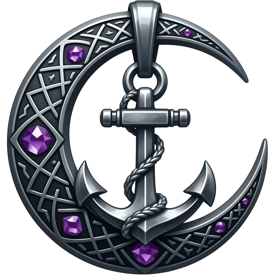„blackened crescent‑moon and anchor pendant fused together, intricate runic engravings, small purple crystals, moonlight reflecting on metal, ethereal atmosphere, high detail, no characters“ emoji