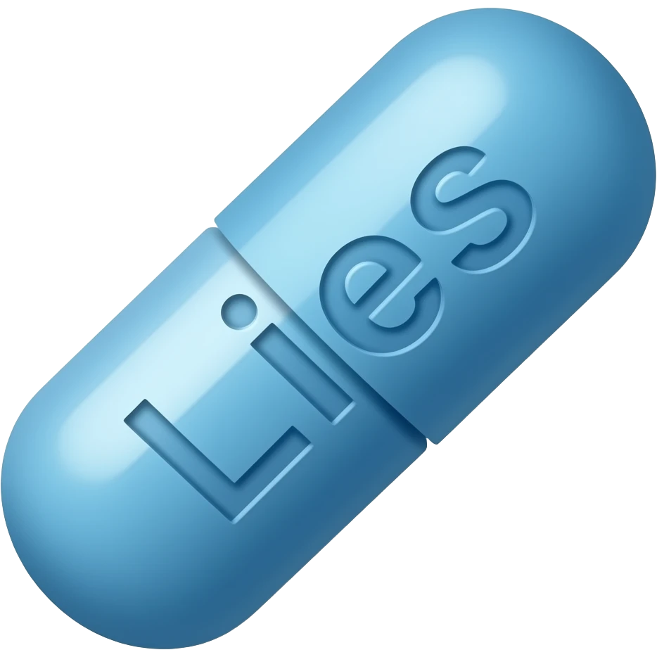 A blue oblong pill with "Lies" engraved in it. emoji