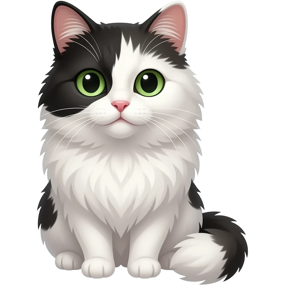 Fluffy cat with green eyes and half face black and half face white emoji