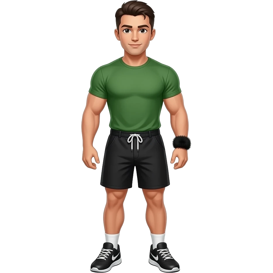 muscular jock with dark brown hair, combed back, wearing a green t-shirt, black shorts, black athletic shoes and a small black fur wristband emoji
