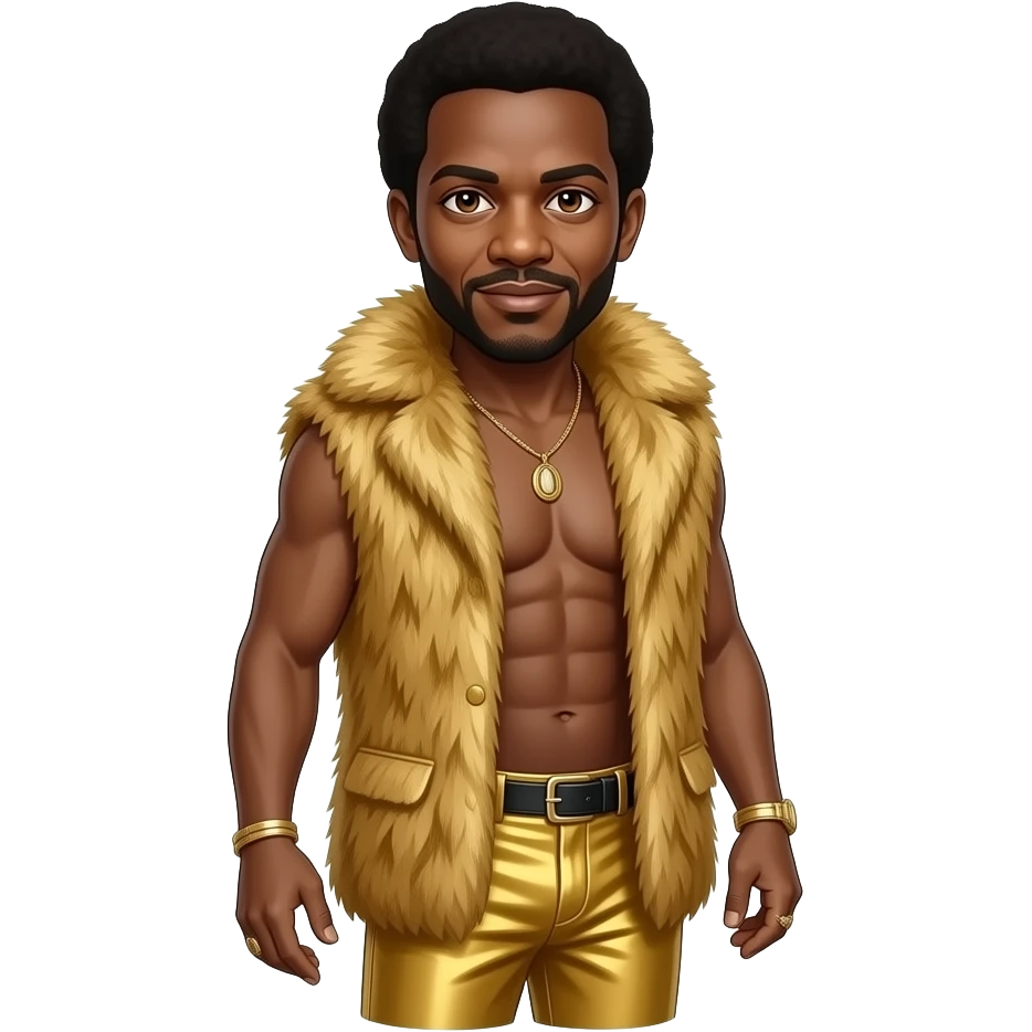 Maurice White with brown eyes, dark brown short afro hair, gold fur shawl, gold metallic baggy pants, shirtless with necklace emoji