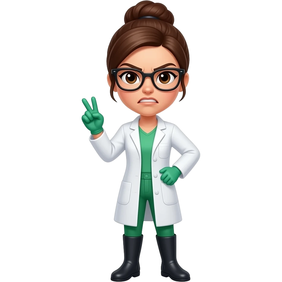 angry brunette scientist woman with brown eyes, brown hair, in a bun, black glasses, green gloves, a white lab coat, green pants and black boots emoji
