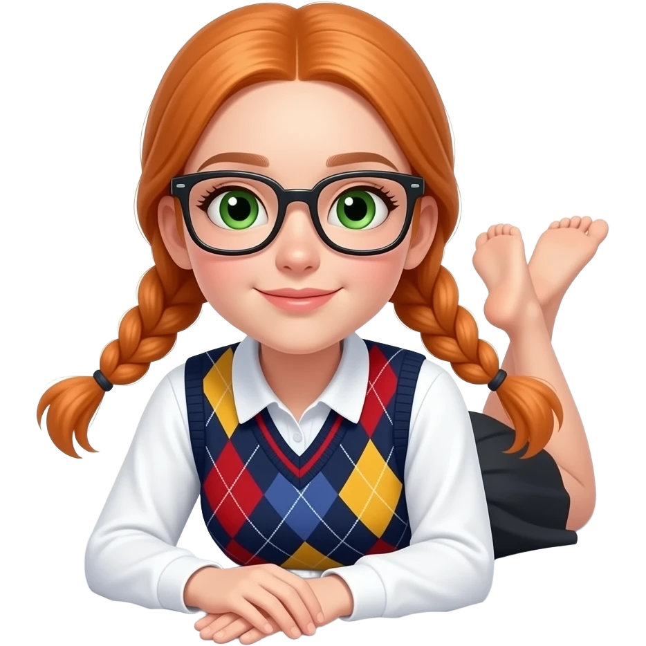 17 year old white woman green eyes orange braided pigtails rectangle glasses white long sleeved polo argyle dark blue red and yellow vest black skirt laying down on her pillow in bed showing her feet emoji