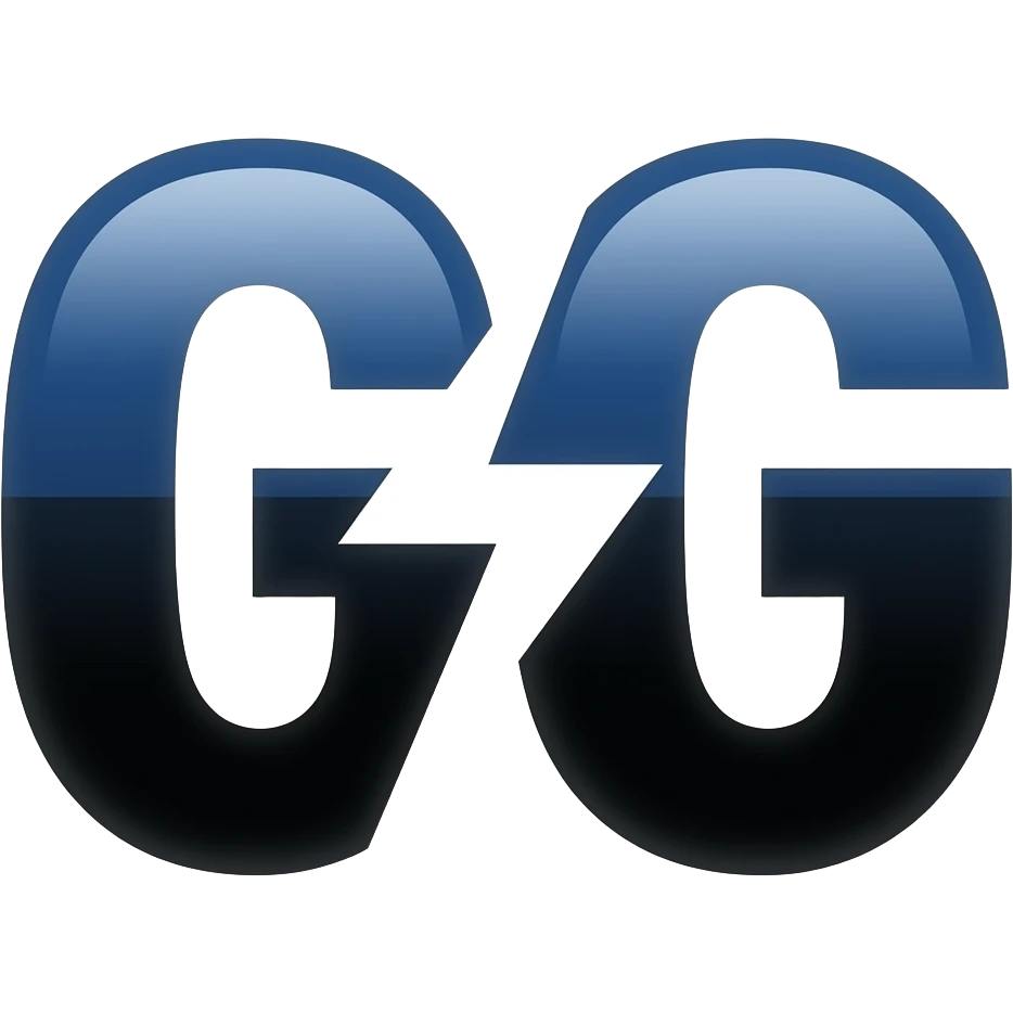 je veux générer un émoji "GG". Je veux que le terme "GG" soit stylisé, en italique et en gras. Je veux que la partie haute du "GG" soit en bleu foncé (pantone reflex blue c) et la partie basse en noire. La partie haute et la partie basse du terme "GG" doivent être séparées par une éclair emoji