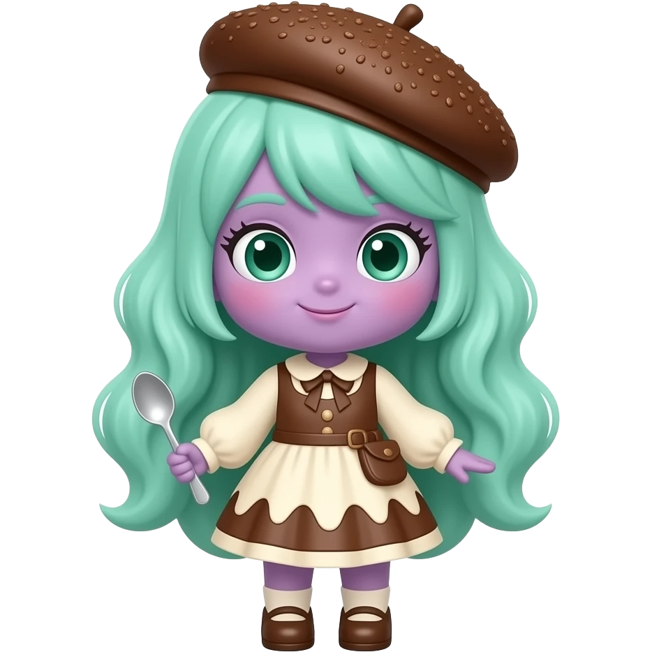 Girl tiramisu mascot with mocha-purple skin, creamy mint-green layered hair, a cocoa-dusted beret, a coffee-and-cream dress, mascarpone sleeves, tiny spoon accessories, and a cute chibi full-body design. emoji