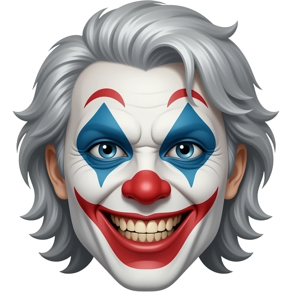 An evil clown with silver hair, head only, wicked grin, hyper real, crazy makeup, scary, hyper real, ultra real emoji