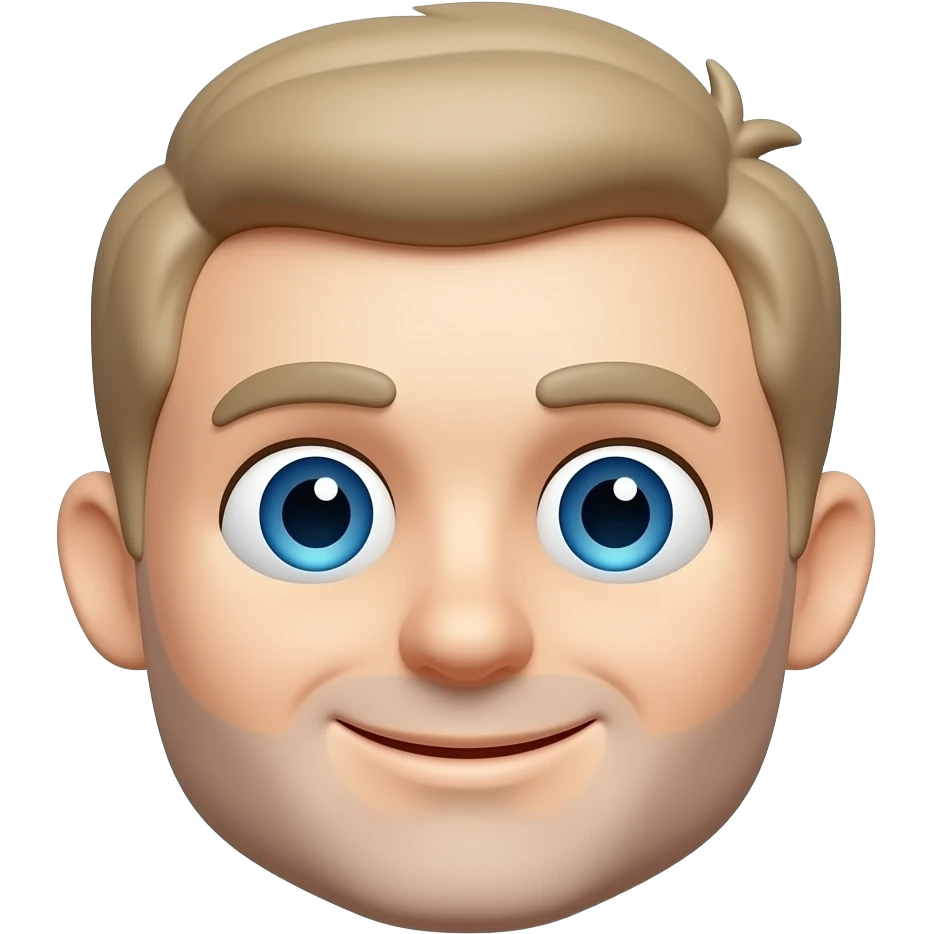 голова мужчина 35 лет в стиле Apple Emoji с большими голубыми глазами, бежевыми волосами и мягкой улыбкой. Минималистичный 3D-рендер с плавными градиентами, глянцевой текстурой и округлыми детскими чертами лица. emoji
