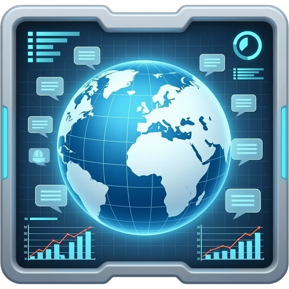 A futuristic HUD showing planet earth and little data callouts with graphs emoji