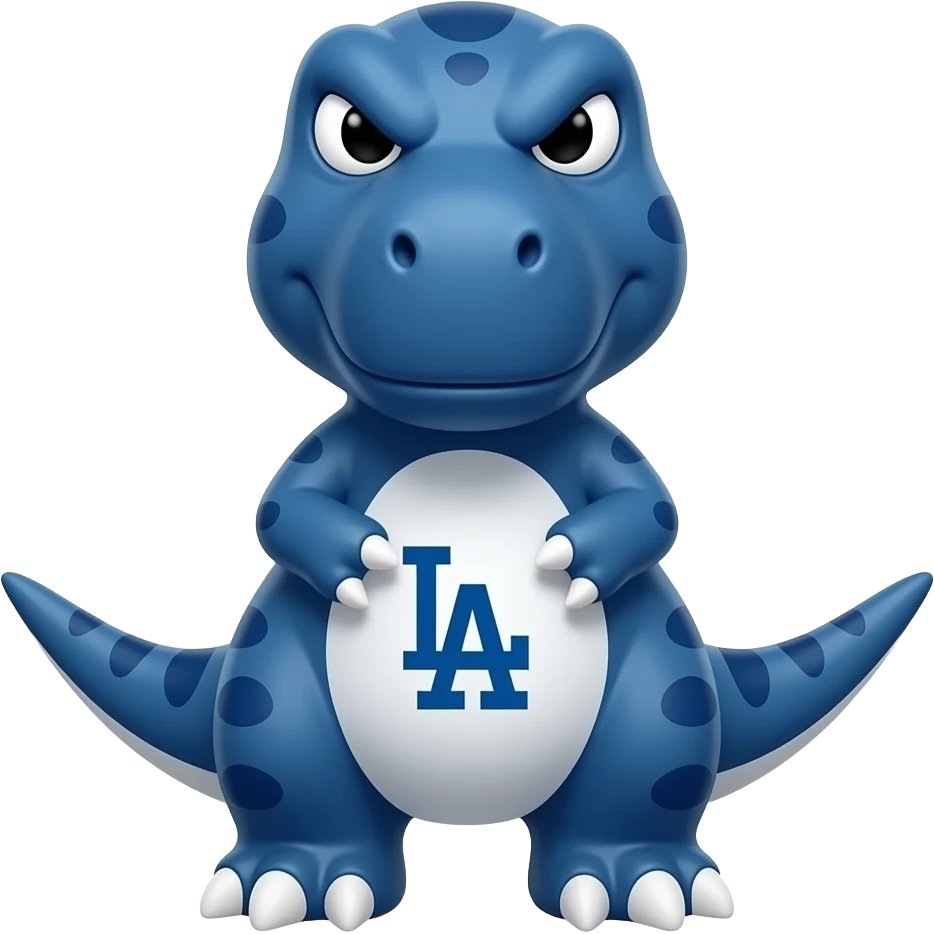 dodgers LA logo on his white belly deep blue dinosaur cute, and white nails, with black and white eyes angry emoji