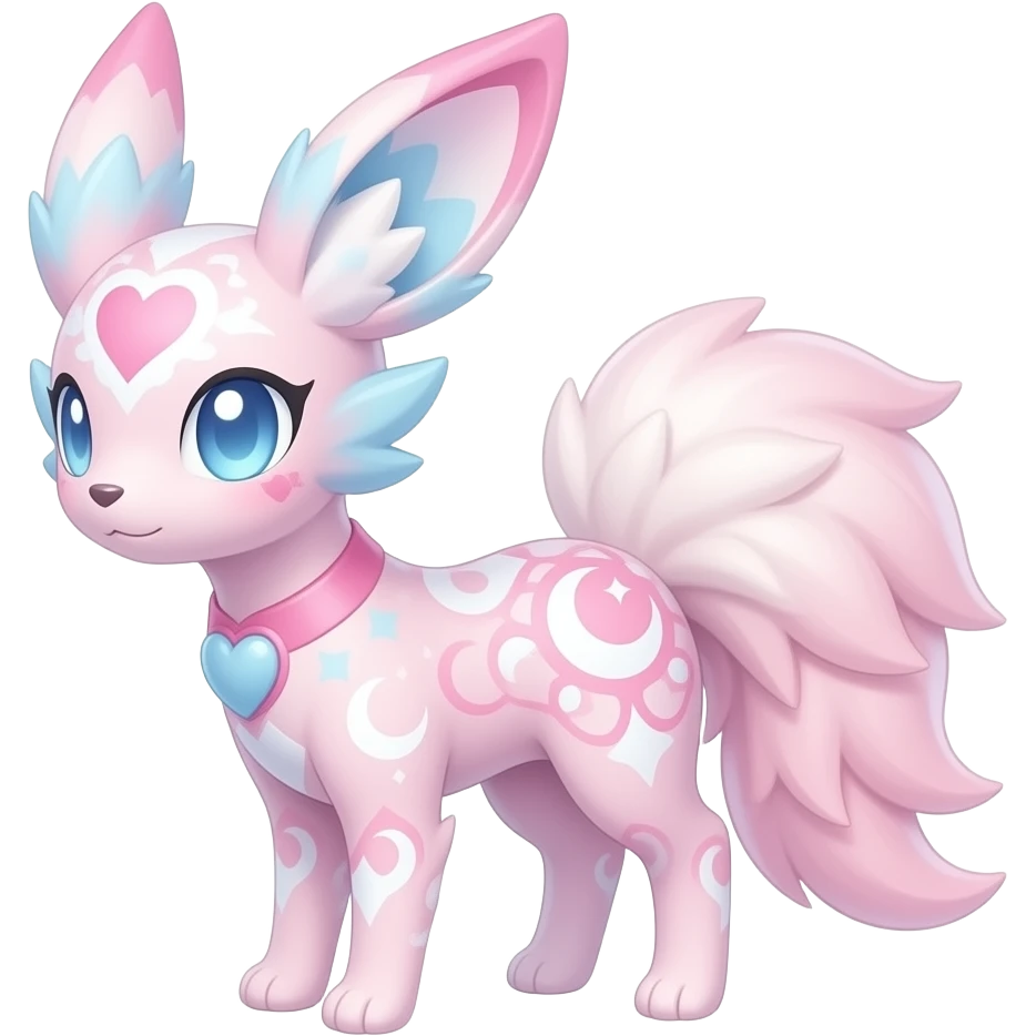 Rosy beautiful gorgeous pretty shiny glossy sparkly romantic pastel damask Absol-Sylveon-Fakemon-hybrid with heart and moon patterns emoji