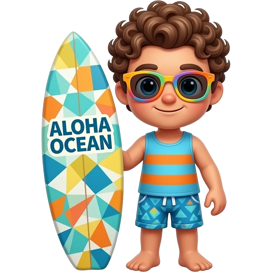 A cute chibi 3D illustration features a man with curly brown hair, wearing colorful sunglasses, a blue and orange striped tank top, and patterned blue shorts. He is standing and holding a surfboard with a vibrant geometric design and the text "ALOHA OCEAN" on it. emoji