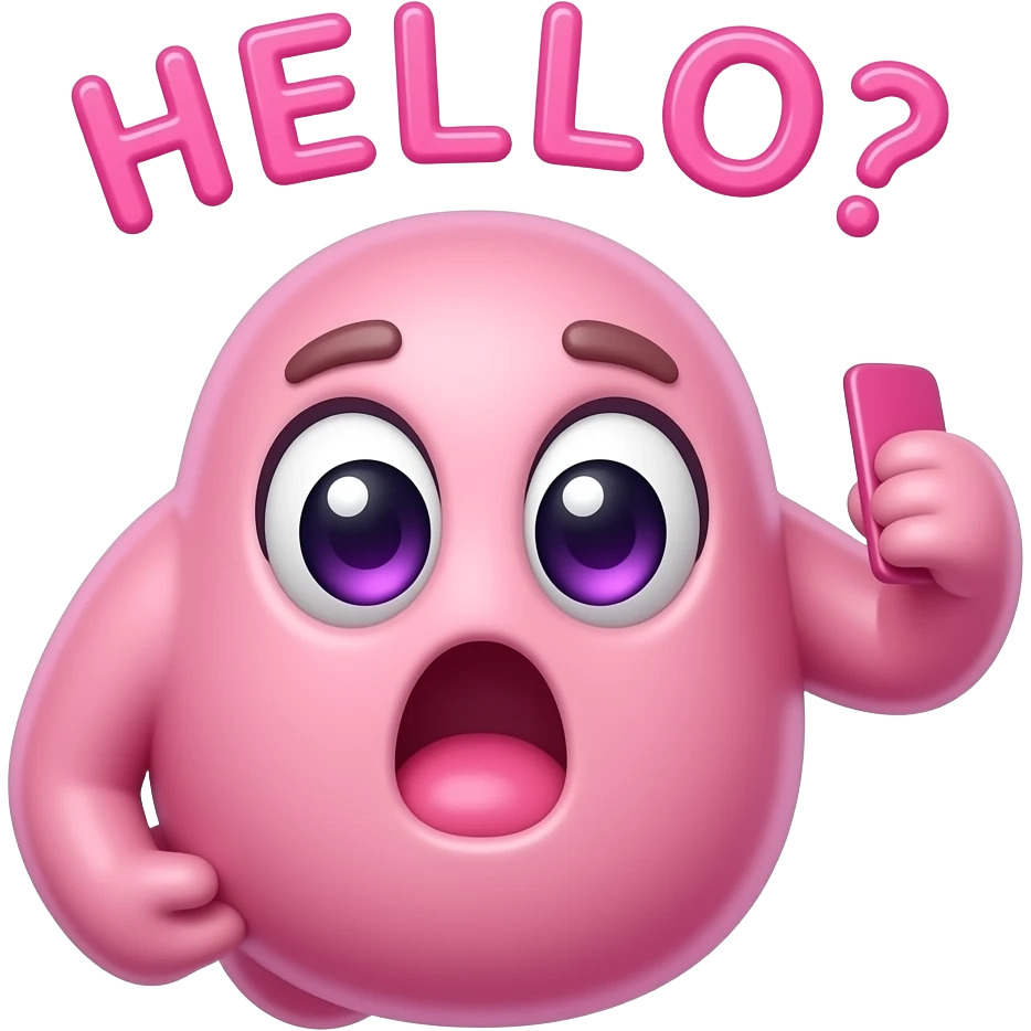 Cute pink Twitch emote with the word “АЛО?”, shocked kawaii face holding a phone, big glossy eyes, screaming expression, neon pink outline, transparent background, sticker style, bold thick outline, readable at small size emoji