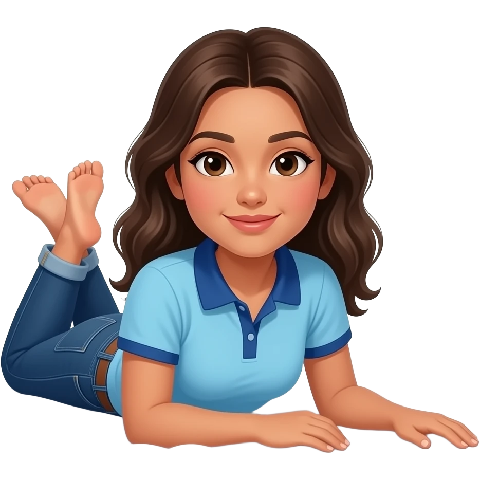 Hispanic girl with brown hair and light blue and dark blue polo and dark blue baggy jeans laying down on bed showing her feet emoji