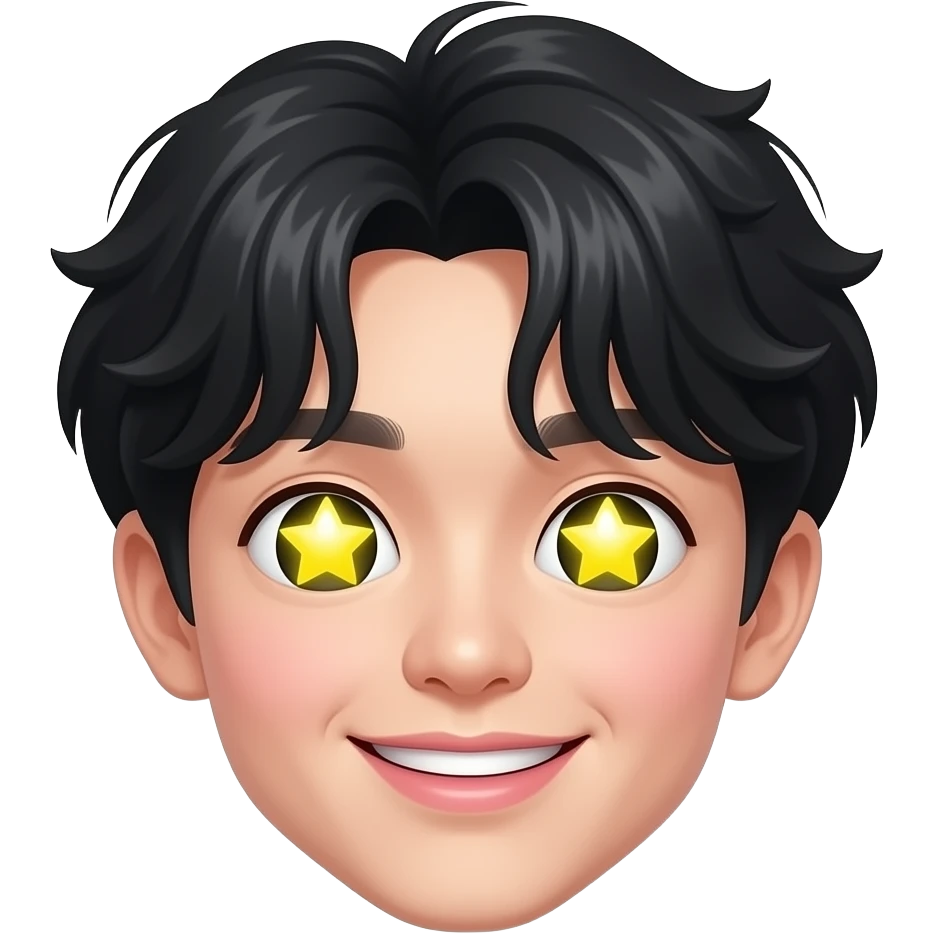 🤩 star-struck Korean boy emoji, fluffy black wavy bangs, sparkling yellow star eyes covering the entire eyes, no visible pupils or eyelids behind the stars,  high nose bridge, soft pink lips, playful smile, glossy 3D cartoon render, vibrant colors, white background, face only emoji