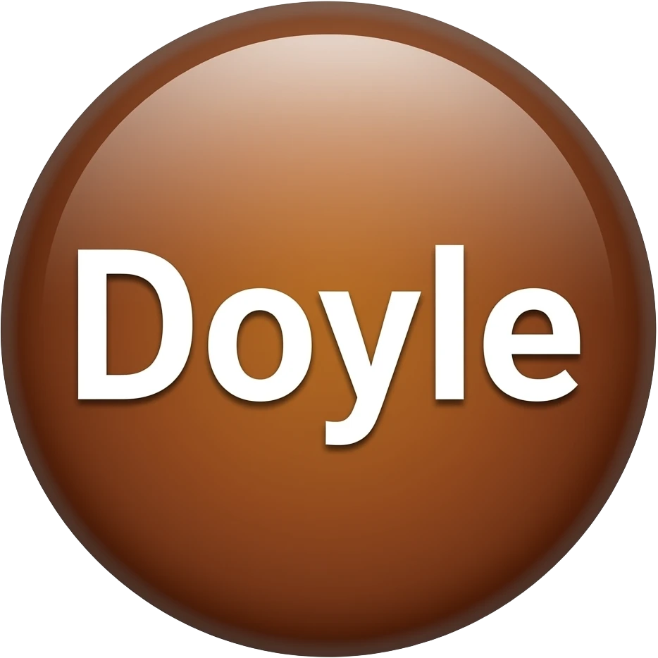 button that says "doyle" in white text glossy button circle with shine. brown color emoji