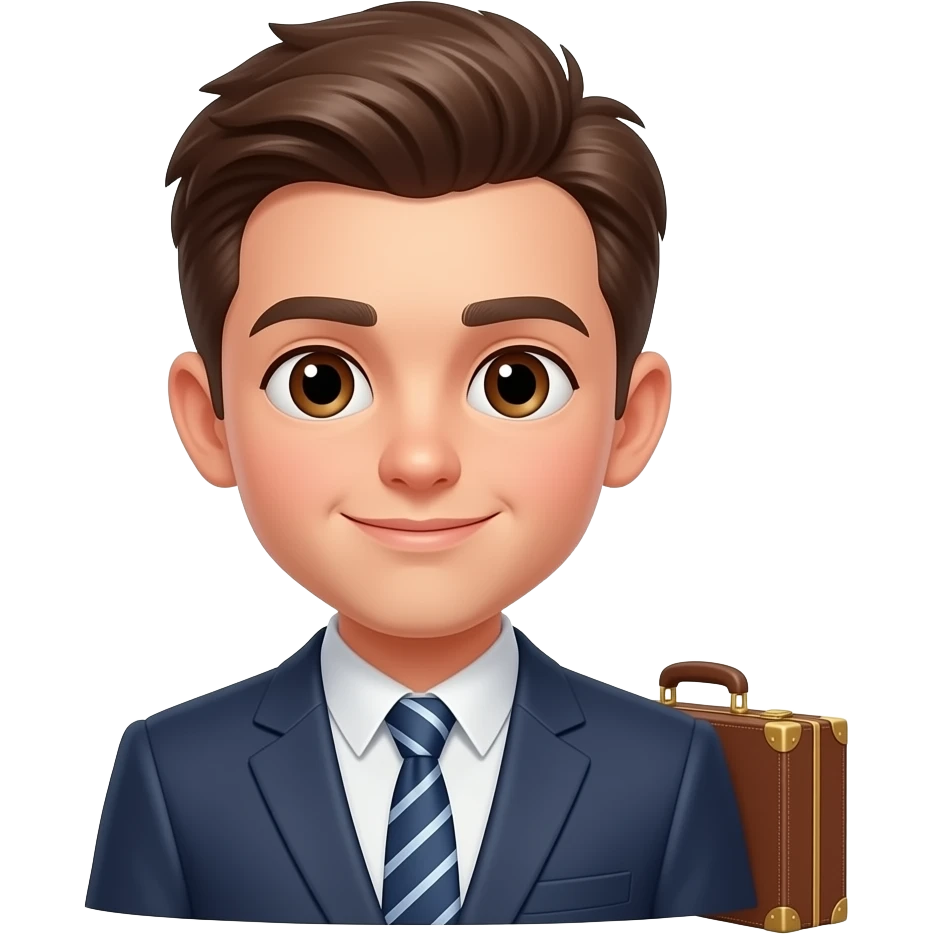 정장 입은 갈색 눈의 소년 상반신만, 옆에 그냥 서류가방 놔둬줘 안 들고 있어도 됨 emoji