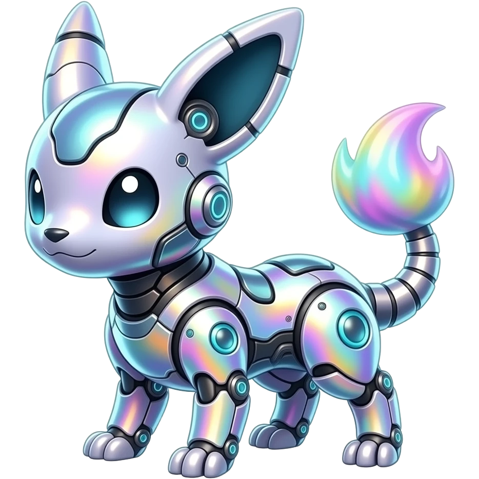 Epic legendary rare mechanical Shiny sparkly transparent bioluminescent luminescent vibrant bright pastel dark exotic iridescent colorful gradients futuristic modern metallic glossy glittery fantasy-cyber-Protogen-Fakémon-Pokémon-Vernid-creature emoji
