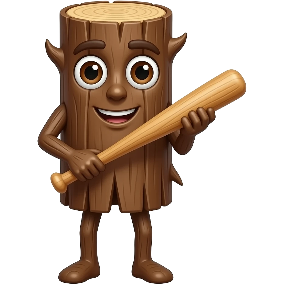 a wooden log type person satnding vertical with brown eyes in the log, thin stick like legs at the bottom. AI lookinng. holding a wooden bat the same shade as his body emoji