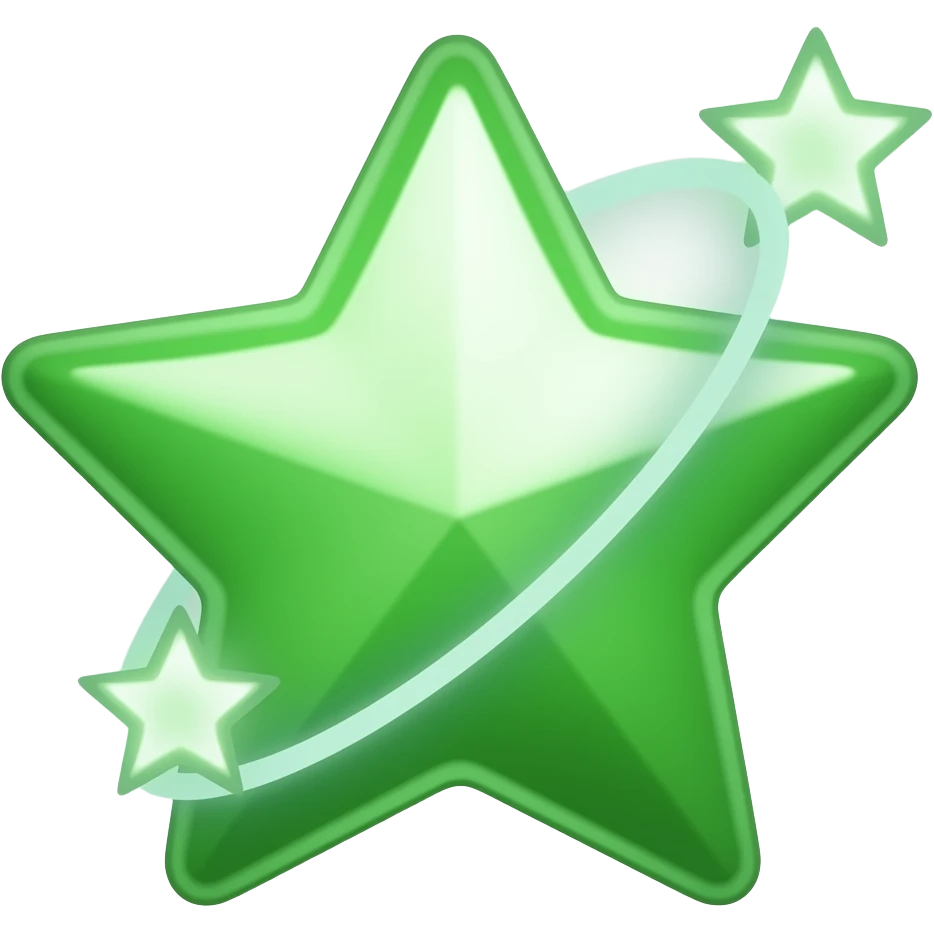 iOS emoji style, glossy 3D icon of a green shooting star with rounded edges, smooth soft plastic material, subtle reflections, minimalist design, comet-like trailing tail made of soft glowing particles, clean centered composition, high detail, transparent background, playful but elegant look emoji