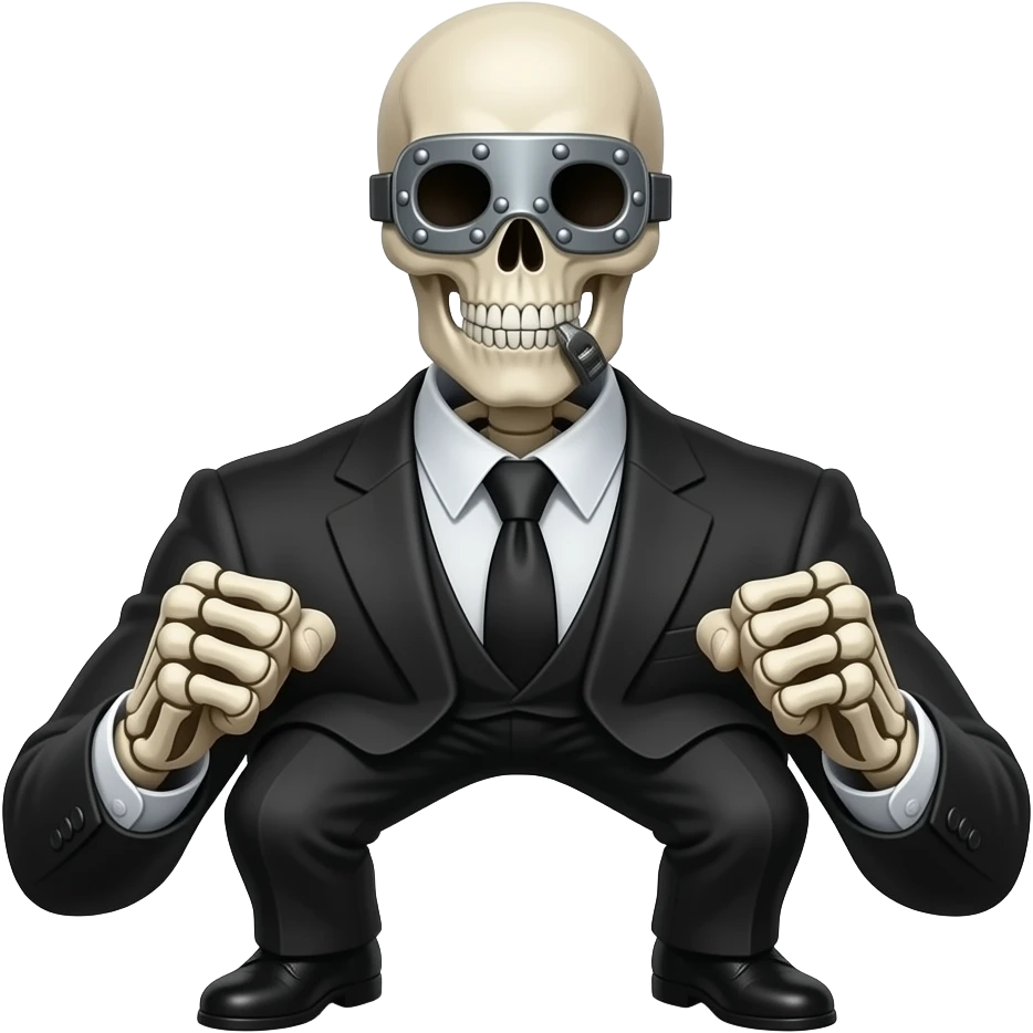 a skeletal figure wearing a suit who embodies the phrase "See no evil, hear no evil, speak no evil" as well as a symbol of censorship. His eyes are covered by a riveted-on visor, his mouth is clamped shut and his ears capped. He stands ready to fight emoji