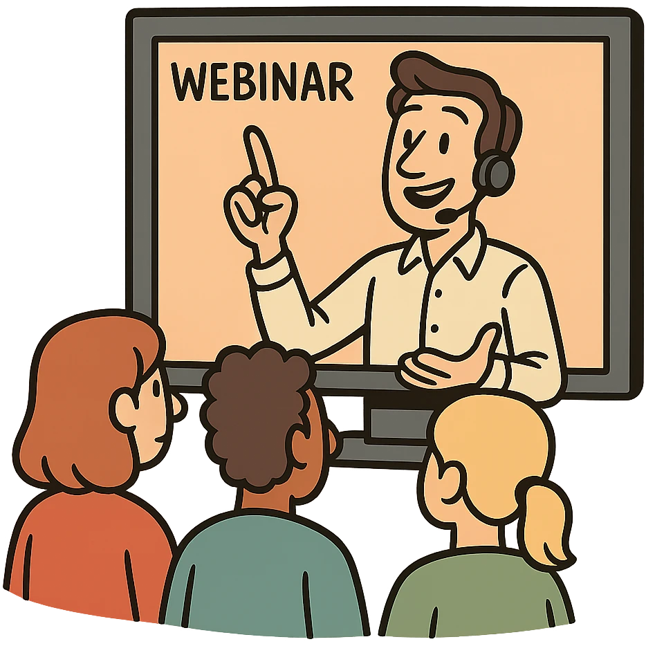 webinar with a presenter on a screen and audience, modern flat design style, no background emoji