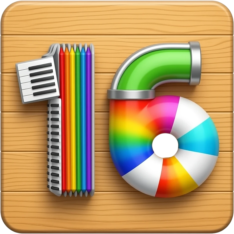 A  colorful 16 standing on a wooden board, the 1 looks like an accordion and the 6 looks like a pipe connected to a beach ballthe colors are swirling and its like a rainbow and it looks like a machine emoji