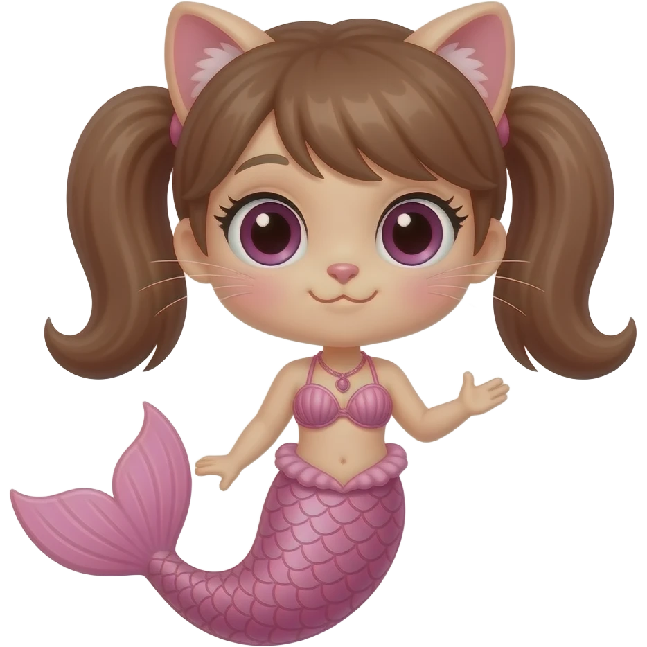 A pink cat mermaid with a Brown pigtails on the head a pink Seashell bikini and a pink mermaid tail emoji