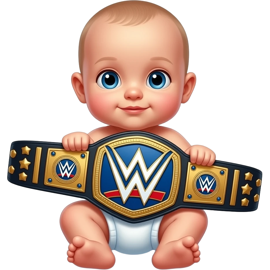 a bald newborn, in space, in a diaper holding up a wrestling championship belt emoji