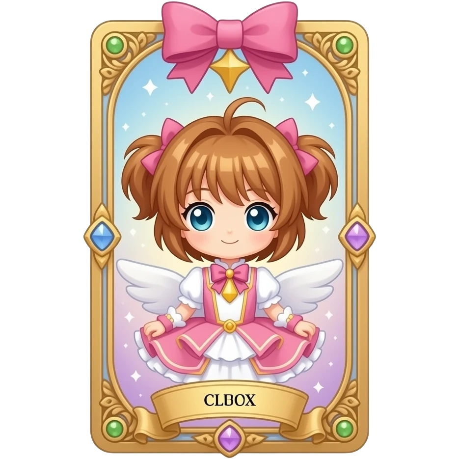 magical tarot card like Clow Cards, with pink bow and beautiful embellishment all around emoji