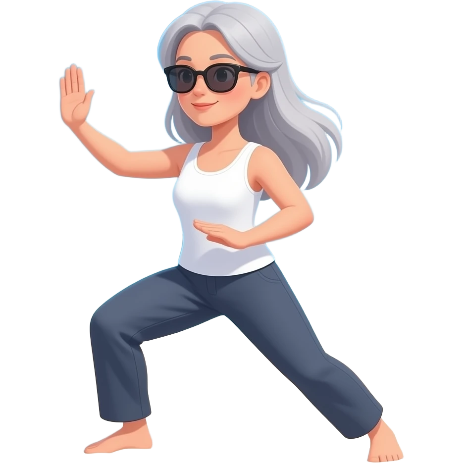 Women Taichi singe glasses medium long light gray hair on beach emoji