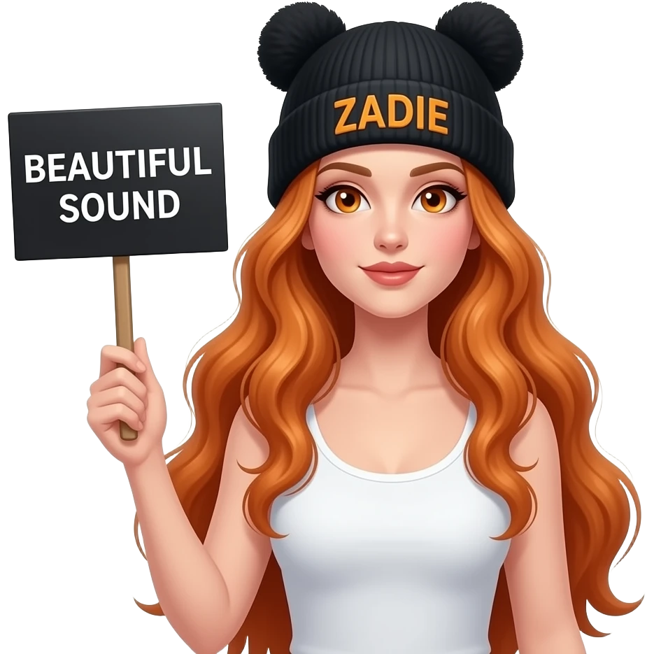 sexy girl with overlong wavy ginger hair and ginger eyes wearing a white tanktop and a black pom hat with ears with ZADIE written on it is holding a black sign with BEAUTIFUL SOUND on it emoji