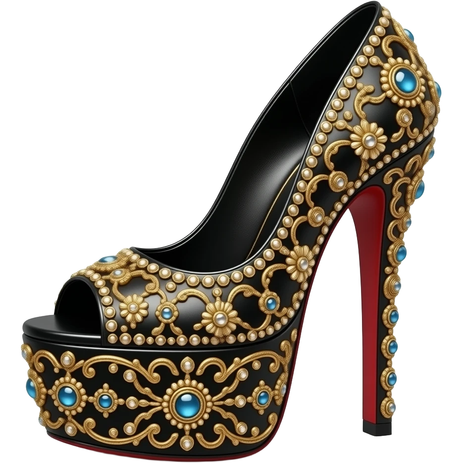 Alexander McQueen- like, black, gold metallic red high heel platforms, detailed embellishments. 8k, 5000x5000px, 3D rendering, realistic, isolated still life, no emoji faces no emoji icons no human figures  emoji