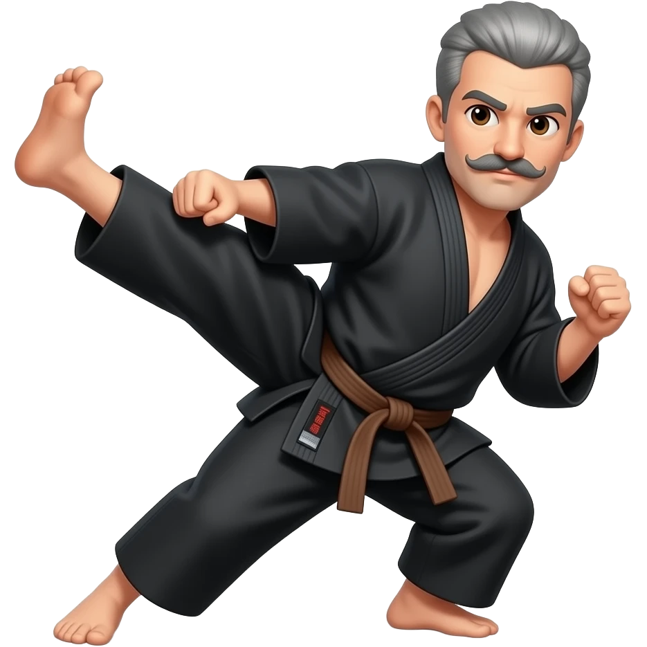 No BEARD,  military style gray hair with a mustache doing a karate kick and brown eyes and Brown Belt emoji