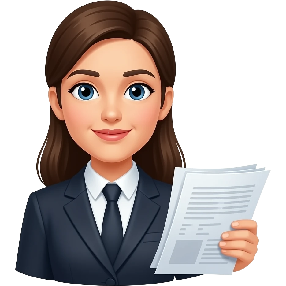 lawyer woman with documents in hand and libra simbol next to the head emoji