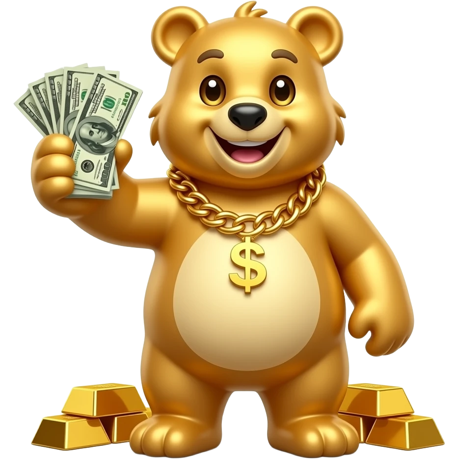 A bear and a lot of gold, holding a stack of dollar bills in his paw and a chain around his neck made of gold, smiling, a golden bear, gold bars lying at his feet. Create emojis of the right size and format in order to put the image in tg emoji