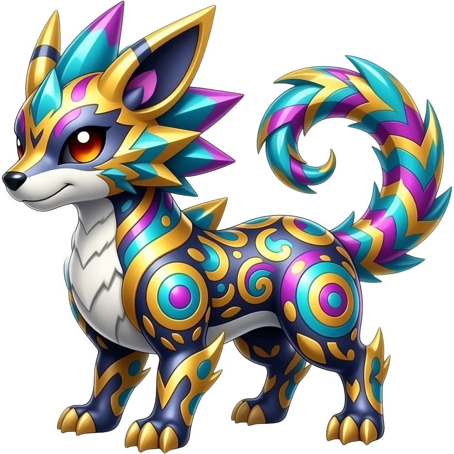 Shiny colorful Oriental painted marked patterned Asian beautiful elegant extravagant extraordinary Litten-Zygarde-Zangoose-fusion emoji