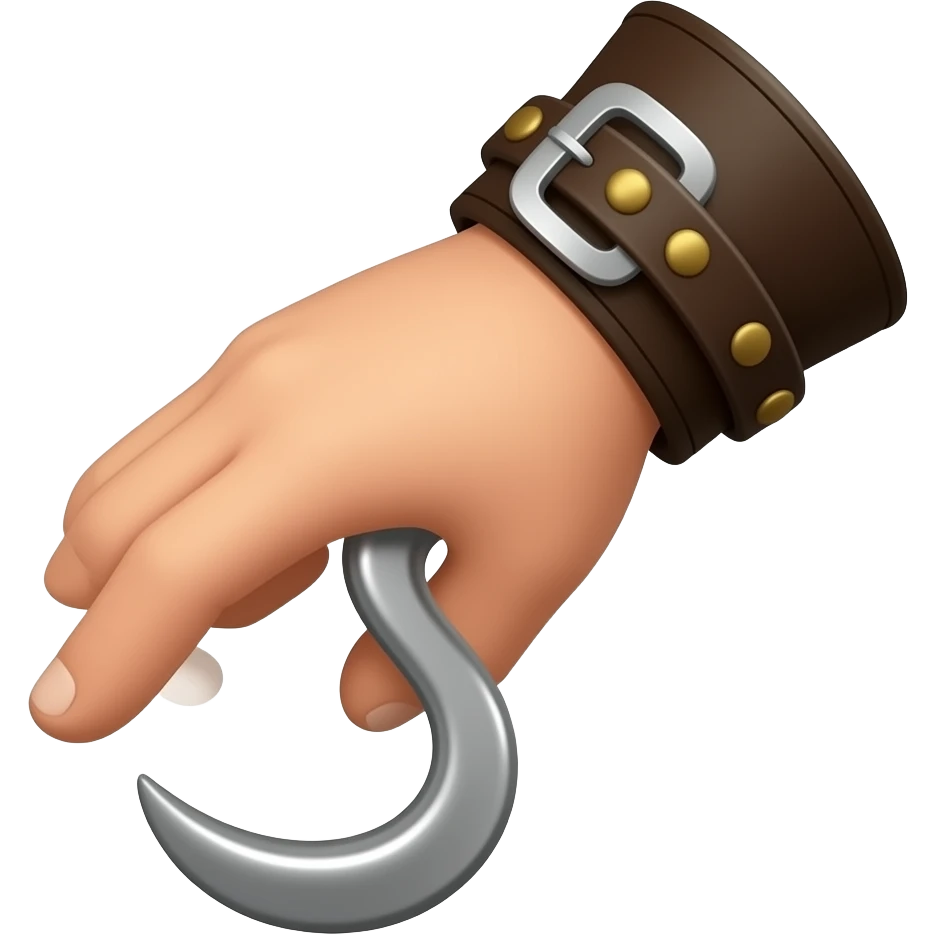 Create a polished 3D game icon of a pirate hook hand, centered on a transparent background. The hook should be shiny curved silver metal attached to a dark brown leather wrist cuff with small golden rivets. emoji