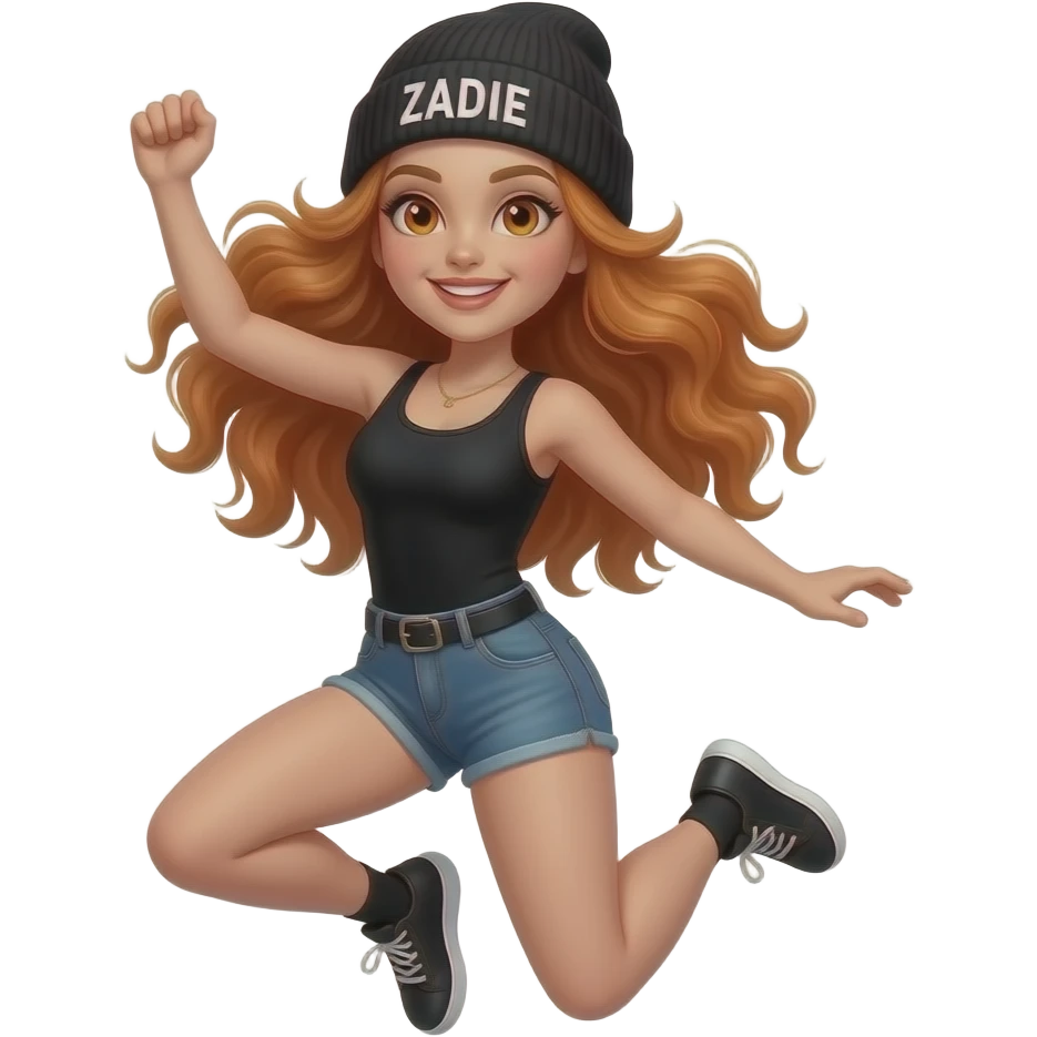 sexy girl with overlong wavy ginger hair and ginger eyes wearing a black tanktop and a black beanie with ZADIE written on it, is jumping emoji