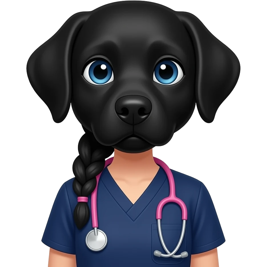 Vet nurse dark hair in 1 plait blue eyes pink stethoscope navy scrubs with a black Labrador emoji