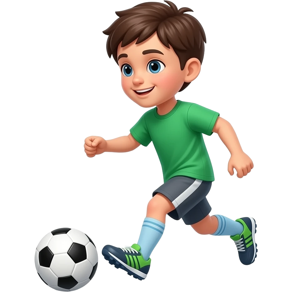 niño jugando al soccer con camiseta verde celeste y gris con zapatillas de futbol emoji