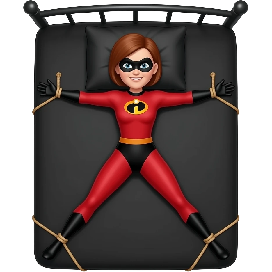 Helen Parr, Mrs. Incredible, Elastigirl, legs and arms spread, tied to the corners of a  black bed with a black pillow emoji
