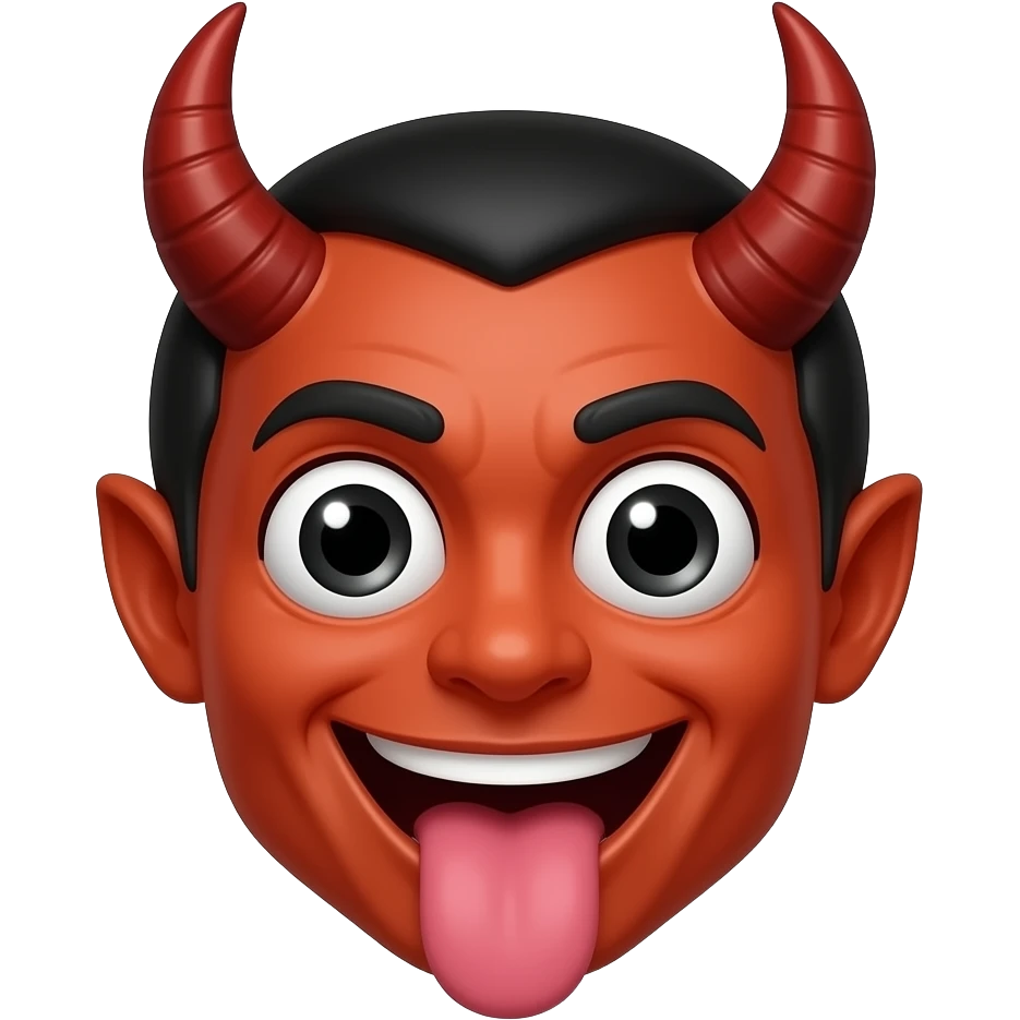 a devil emoji smiling with long eyes and long tounge  and long horns emoji