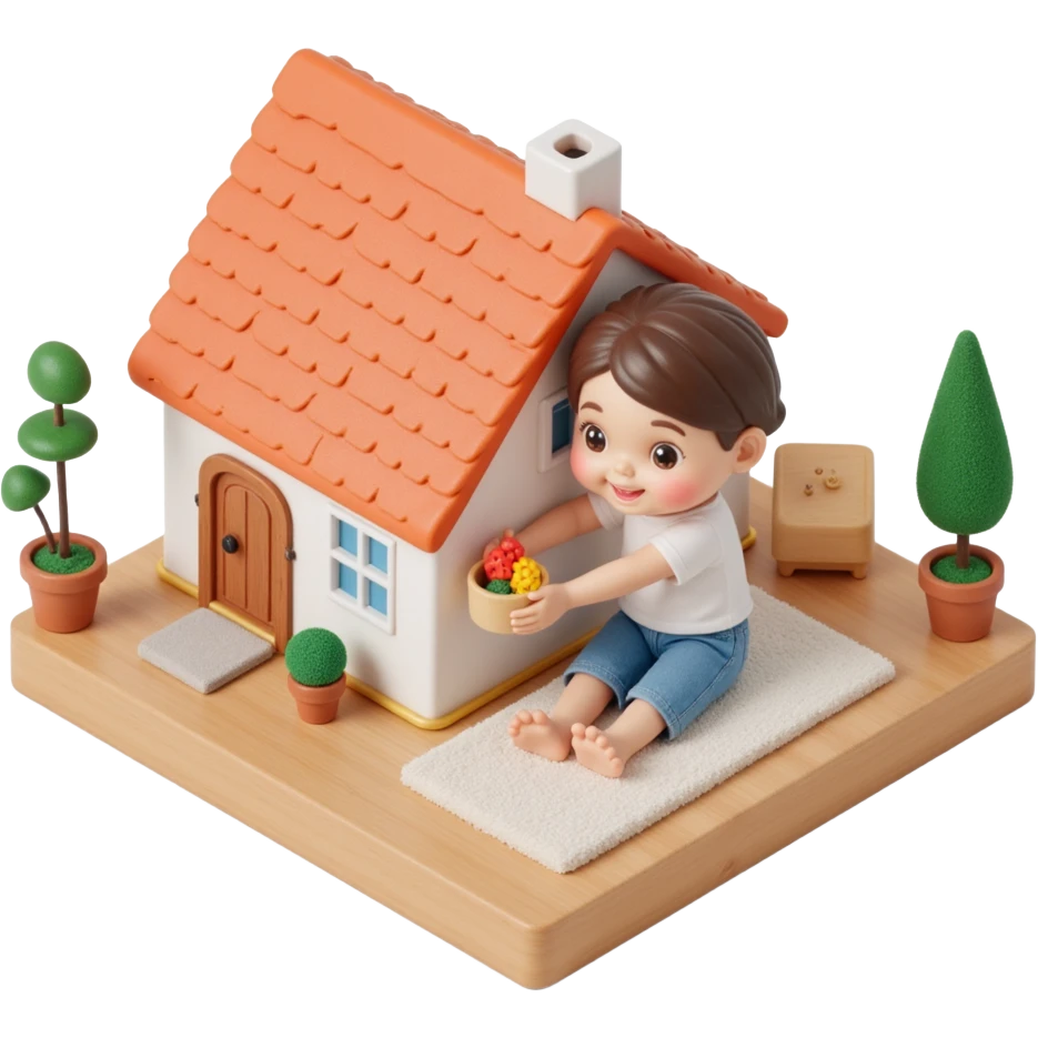 smiling girl arranging furniture in doll house emoji