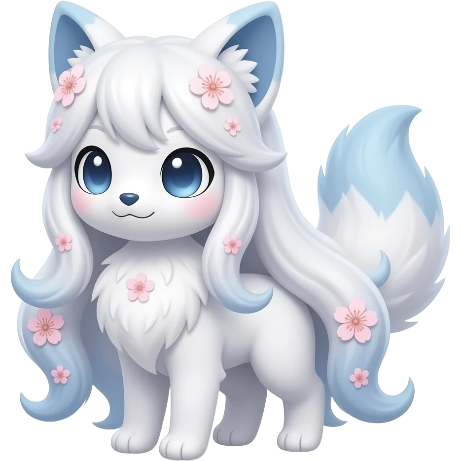 White kawaii realistic sakura floral Fuzzy slim oriental feathery long-haired beaded mane cozy rosy aesthetic feathery Rosy beautiful Sylveon-Furret-Fennekin-Minccino-Espeon-Fakémon-hybrid emoji
