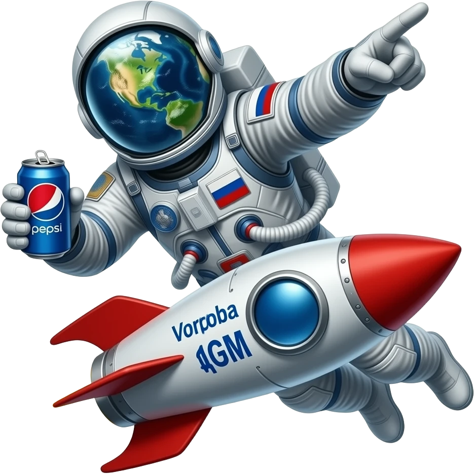 Космонавт в темном зеркальном скафандре летит на ракете на землю из космоса на ракете надпись Voroba мГм вокруг заезды в руке банка pepsi другой рукой показывает пальцем вперед намкостюме флаг России в скофандре видна земля а сзади планета марс emoji