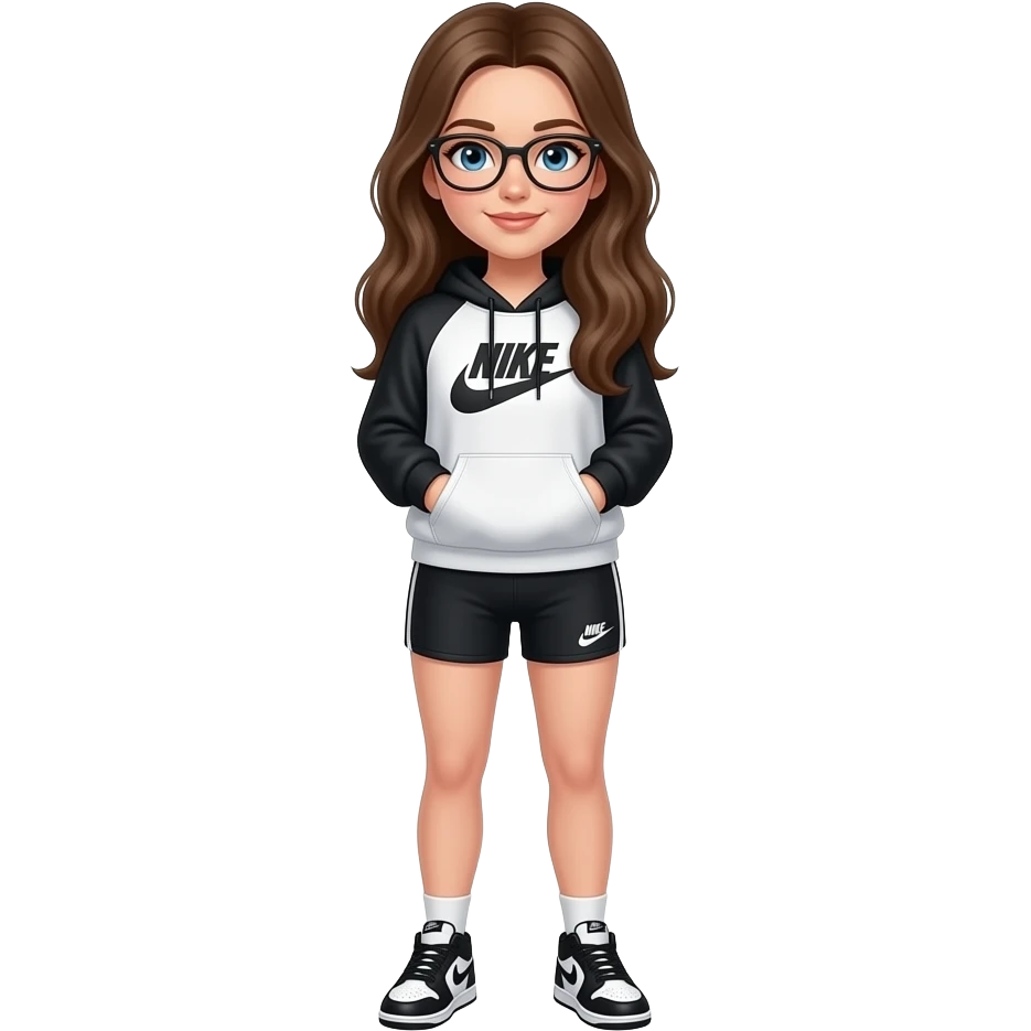 white girl with long brown hair, blue eyes and glasses with a nike hoodie thats black and white, nike pro shorts and black and white dunks emoji